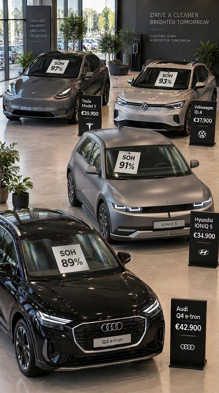 Ein Autohaus mit vier E-Autos, jedes mit SoH-Aufkleber in der Scheibe und Preisschild